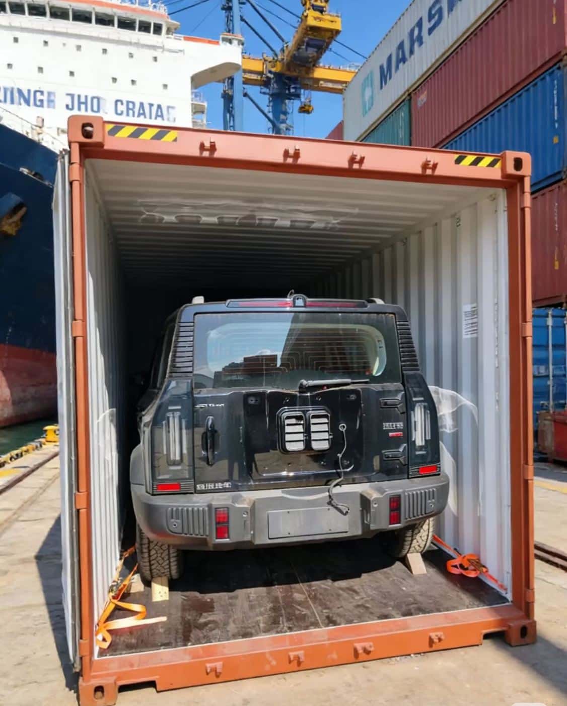 SUV, закреплённый в 40-футовом контейнере